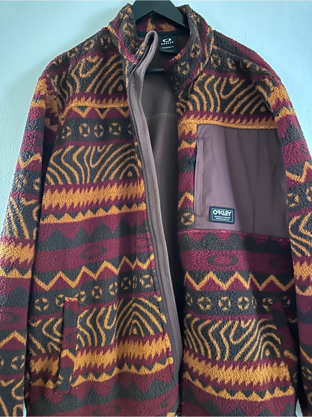 Oakley Mountain Fleece Jacket in Maroon, Mustard & Brown